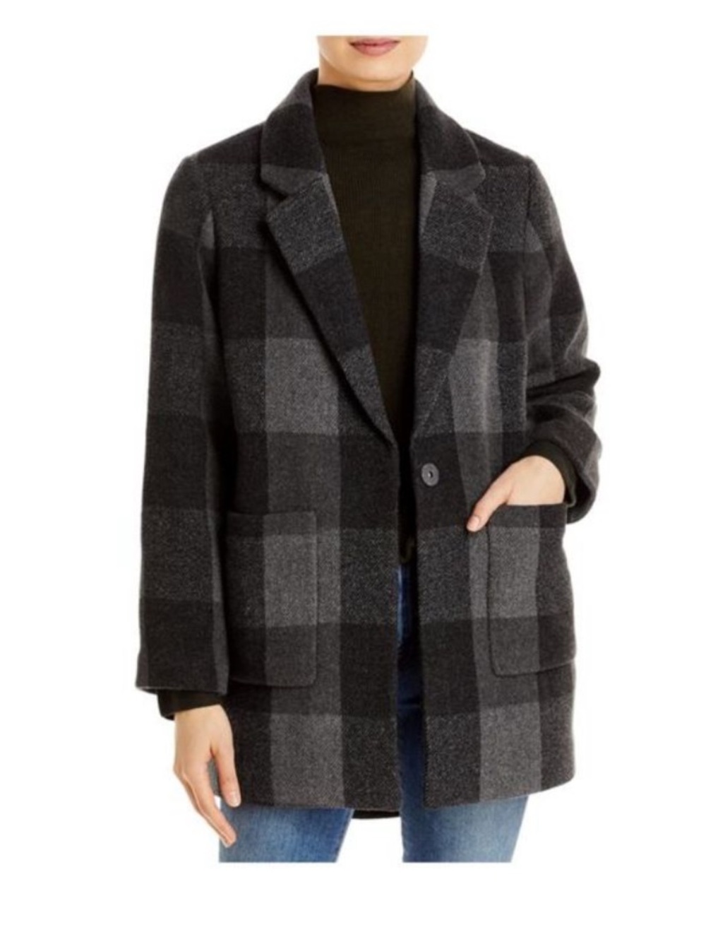 Eileen Fisher Black Grey Wool Check Plaid Notch Lapel Jacket Coat